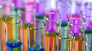 Colorful photo of glass laboratory beakers